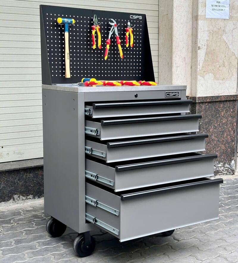 Khám Phá Tủ Dụng Cụ CSPS 76cm 5 Hộc Kéo Mặt Inox Kèm Vách Lưới Màu Xám